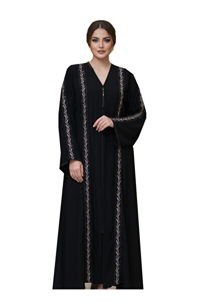 Nasa عبايه كريب اسود مطرز كلوش