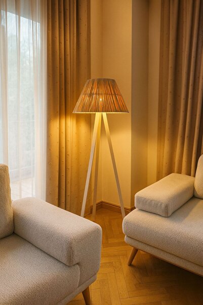 Maison Avf Rafya Hasır Saçaksız Lambader (Tripod Ayak Beyaz)