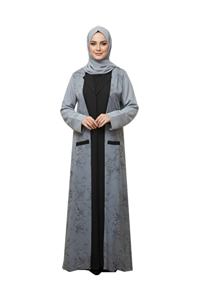 Nasa Gray crepe abaya with an overlapping front design