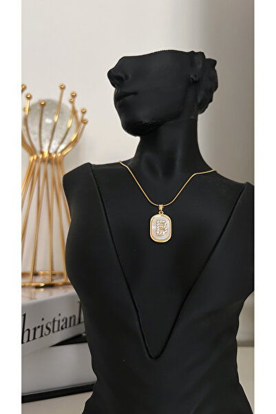 Çelik B Harfli Kolye Zirkon Taşlı