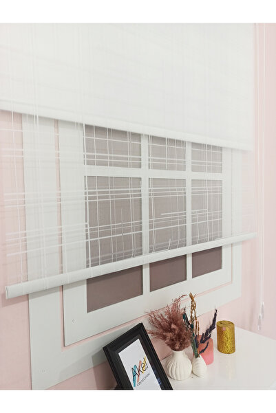 evana home Çift Mekanizmalı Beyaz Kare Desenli Tül Stor Perde