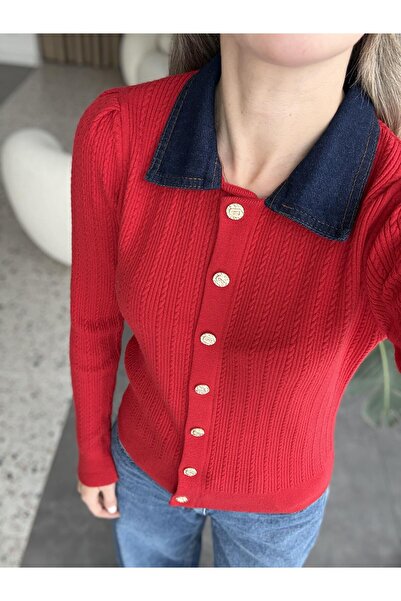 Sadık Collection Women's Polo Neck Tricot with Denim Trim