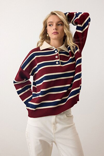 miratriko Women's Polo Neck Buttoned Burgundy Knitwear Sweater