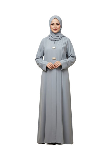 Nasa Gray crepe abaya with an overlapping front design and elegant buttons
