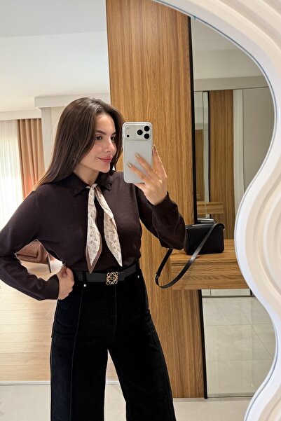 Sadık Collection Women's Brown Polo Neck Scarfed Long Sleeve Knitwear 140518