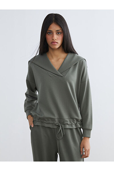 LC Waikiki Haki Polo Yaka Oversize Kadın Sweatshirt
