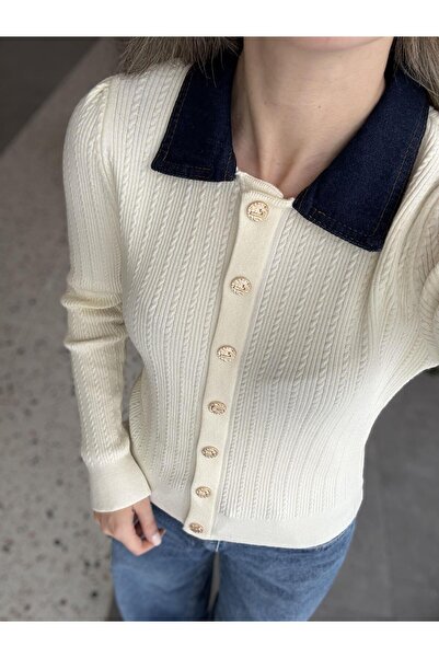 Sadık Collection Women's Polo Neck Tricot with Denim Trim