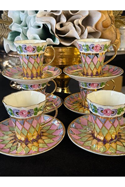 LOKMAN ZÜCCACİYE SHOWROOM 6 Person Hand Painted Special Design 24K Gold Gilt Coffee Cup Set Model 10