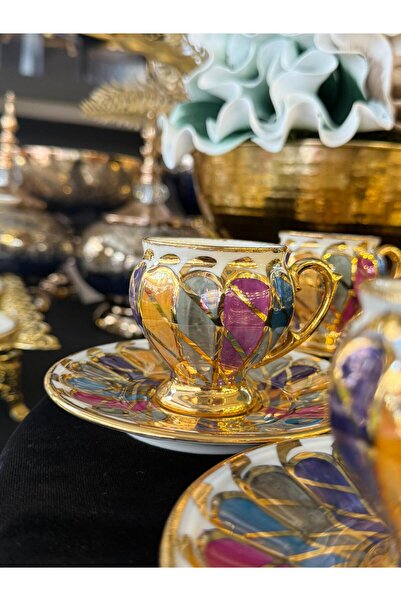 LOKMAN ZÜCCACİYE SHOWROOM 24K Gold Gilt Hand Painted Special Design Coffee Cup Set 90 ml Mdl 11