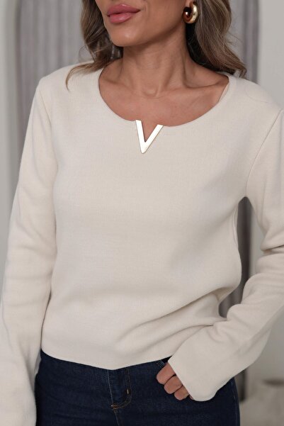 Sadık Collection Women's V Gold Buckle Detailed Soft Knitwear Blouse 5832