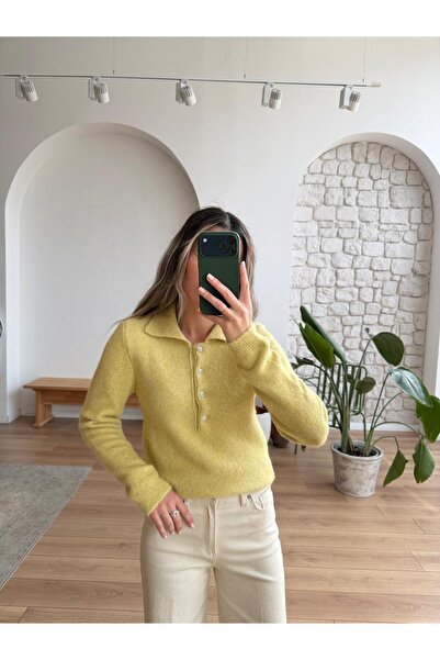 Sadık Collection Women's Polo Neck Stone Button Detailed Lime Sweater Bisou