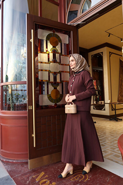 Hilay Marin Gold Düğmeli Triko Etekli Takım KAHVERENGİ