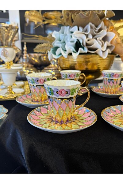 LOKMAN ZÜCCACİYE SHOWROOM 6 Person Hand Painted Special Design 24K Gold Gilt Coffee Cup Set Model 10