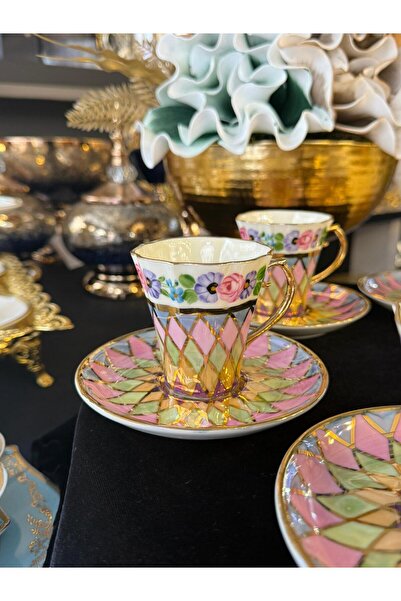 LOKMAN ZÜCCACİYE SHOWROOM 6 Person Hand Painted Special Design 24K Gold Gilt Coffee Cup Set Model 10