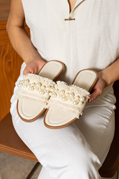 dabab shoes Minoa Women's Pearl Detailed Straw Textured Flat Ecru Slippers