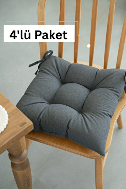 LemonBloom Pofidik 4'lü Sandalye Minderi 40x40 cm Özel Dikişli Puntolu Bağcıklı Konforlu Oturma Minderi