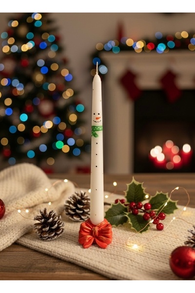 Handmade Yılbaşı / Noel Temalı Kardan Adam Mum + Şamdan Seti ( 1 Mum + 1 Şamd...
