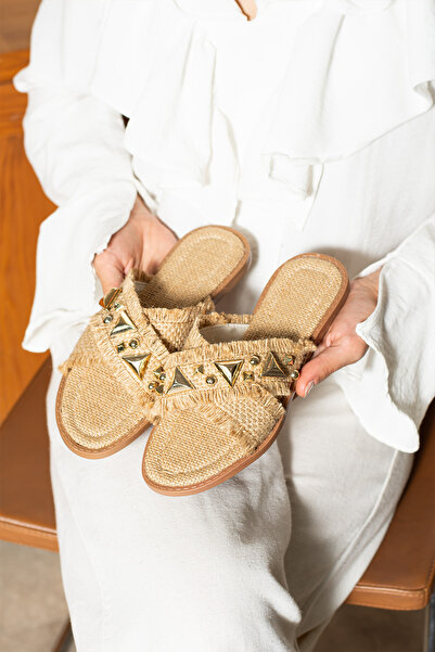 dabab shoes Helia Women's Gold Stone Detailed Straw Textured Fraseli Plain Beige Slippers