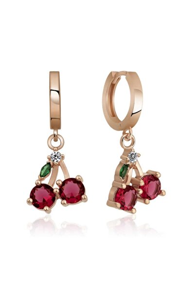 SARIASLAN Kırmızı Altın Rengi Kiraz Figürlü Gümüş Küpe 925 Ayar Orjinal Gümüş