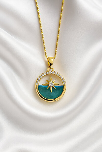 A-STİL TAKI Women's Gift Box Sea Glass Detail Zircon Stone Steel Necklace