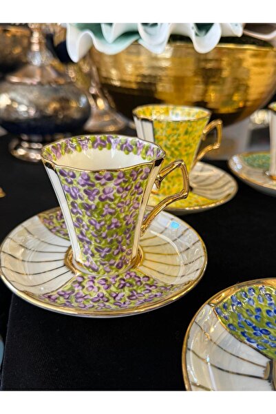 LOKMAN ZÜCCACİYE SHOWROOM 6 Personalized Colorful 24K Original Gold Gilt Hand Painted Coffee Cup Set 90 ml Model9