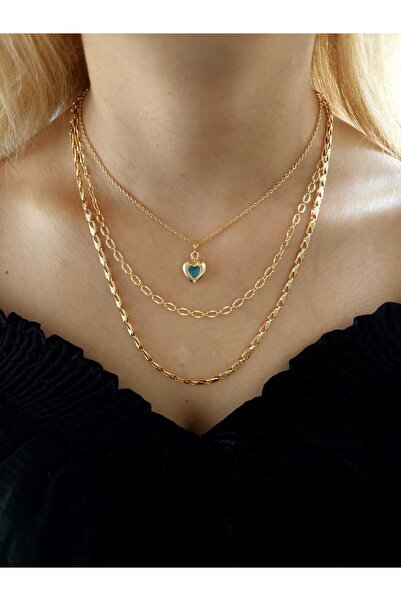 Madam Bikan قلادة ثلاثية ذهبية اللون مع تفاصيل على شكل قلب أزرق