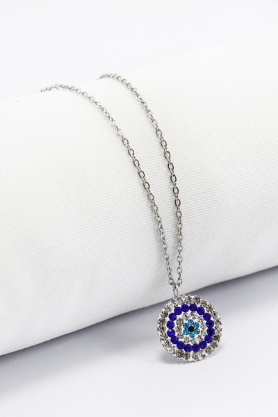 biuti قلادة من حجر العين الشريرة اللامع مع سلسلة فضية من الفولاذ المقاوم للصد...