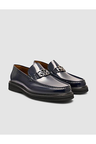 Cabani Genuine Premium Leather Navy Blue Men's Metal Buckle Loafer