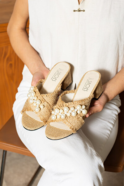 dabab shoes Anka Women's Straw Textured Pearl Thick Heel Slippers Sandals