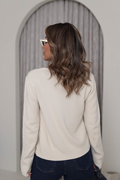 Sadık Collection Women's V Gold Buckle Detailed Soft Knitwear Blouse 5832