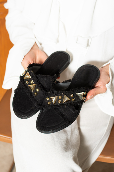 dabab shoes Helia Women's Gold Stone Detailed Straw Textured Fraseli Flat Black Slippers