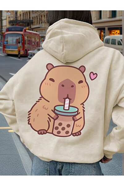 PALPİTO Hanorac cu glugă cu imprimeu Capibara bej pentru femei