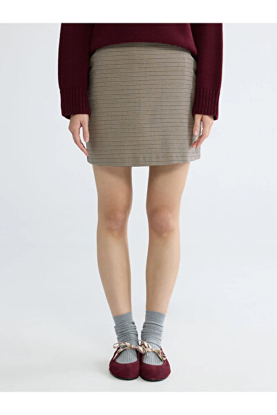 LC Waikiki XSIDE Kahverengi Standart Fit Kazayağı Desenli Şort Etek