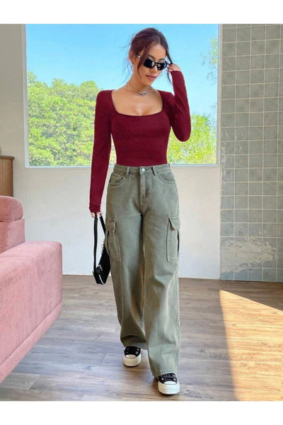 MetuCA Дамски бордо боди с квадратна яка, дълъг ръкав, двойна подплата и танг...