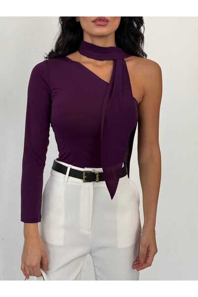 trendhazan A KALİTE TEK KOL FULARLI ASİMETRİK KESİM SANDY KUMAŞ BLUZ
