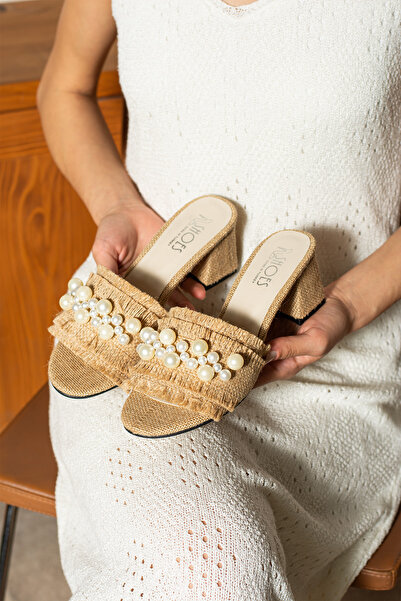 dabab shoes Nubia Women's Pearl Detailed Straw Heeled Beige Slippers Sandals