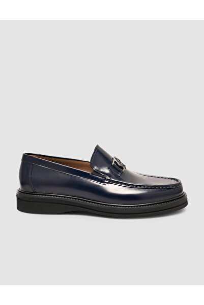 Cabani Genuine Premium Leather Navy Blue Men's Metal Buckle Loafer