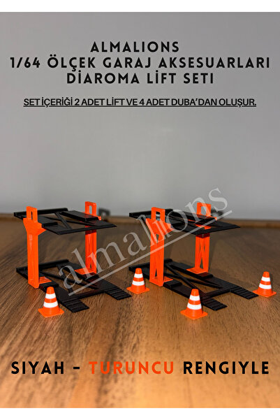 almalions 1/64 Scale Diaroma Vehicle Lift 2 Pieces + 4 Pieces Pontoon Garage Accessories Black - Orange