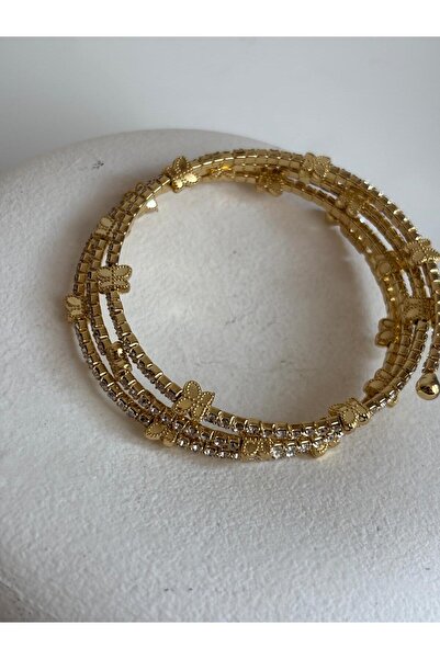 BHR AKSESUAR Gold 3 Row Butterfly Figured Zircon Stone Flexible Bracelet