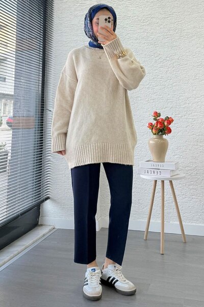 Miraydın Butik Women's Crew Neck Oversized Sweater - Stone