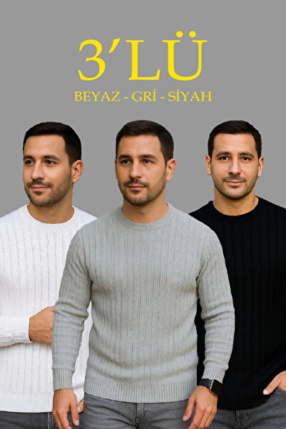 IVORA WEAR Men's Corded Fabric Knitwear Sweater Set of 3 White Gray Black Reg...