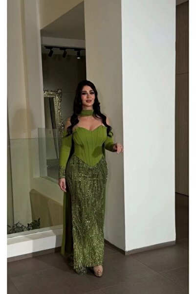 Thara Luxurious olive green evening dress