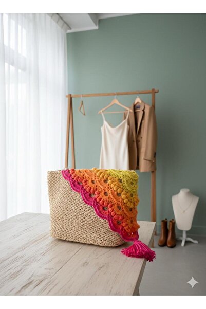 Patiska Tasarım Crochet Paper String Bag Vibrant Color Cotton Detailed Faux Leather Based Tote