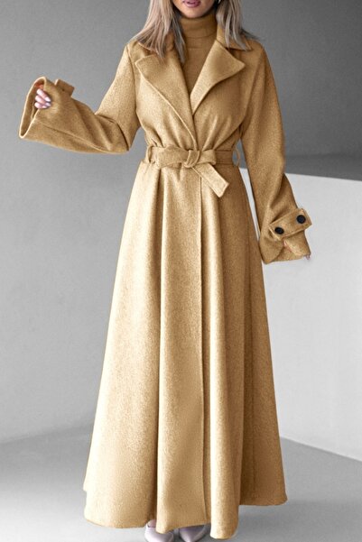 FashionForYou Long coat with Merina buttons, pleats and drawstring, Cream, Size S/M