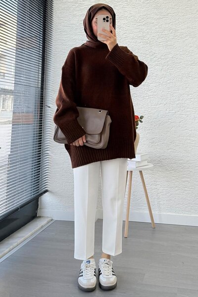 Miraydın Butik Women's Crew Neck Oversized Sweater - Brown