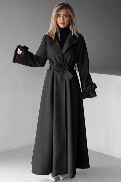 FashionForYou Long coat with Merina buttons, pleats and drawstring, Petrol Black, Size S/M