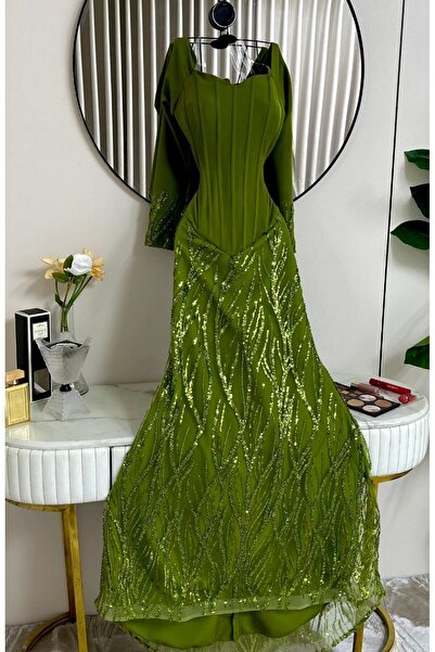Thara Luxurious olive green evening dress