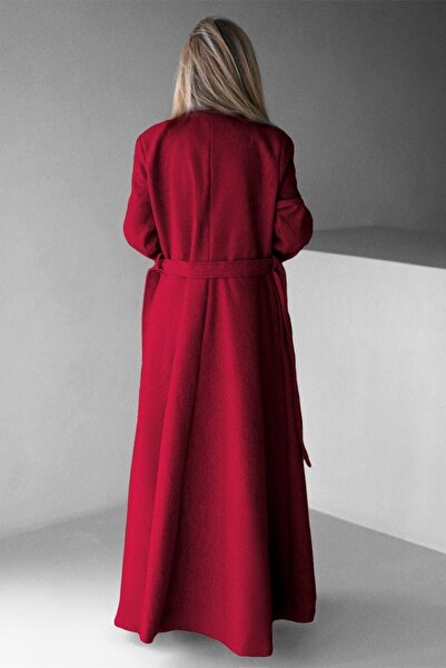 FashionForYou Long coat with Merina buttons, pleats and drawstring, Red, Size S/M