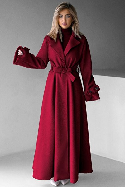 FashionForYou Long coat with Merina buttons, pleats and drawstring, Red, Size S/M