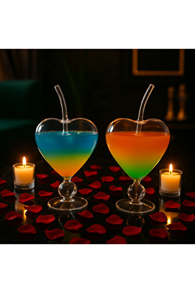Gülümseten Avm Set of 2 Heart-Shaped Special Design Glass Cups with Transparent Straws Romantic Presentation